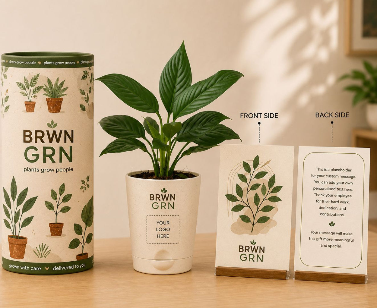 Gift hamper- Potted plant with branded container and card on a wooden surface